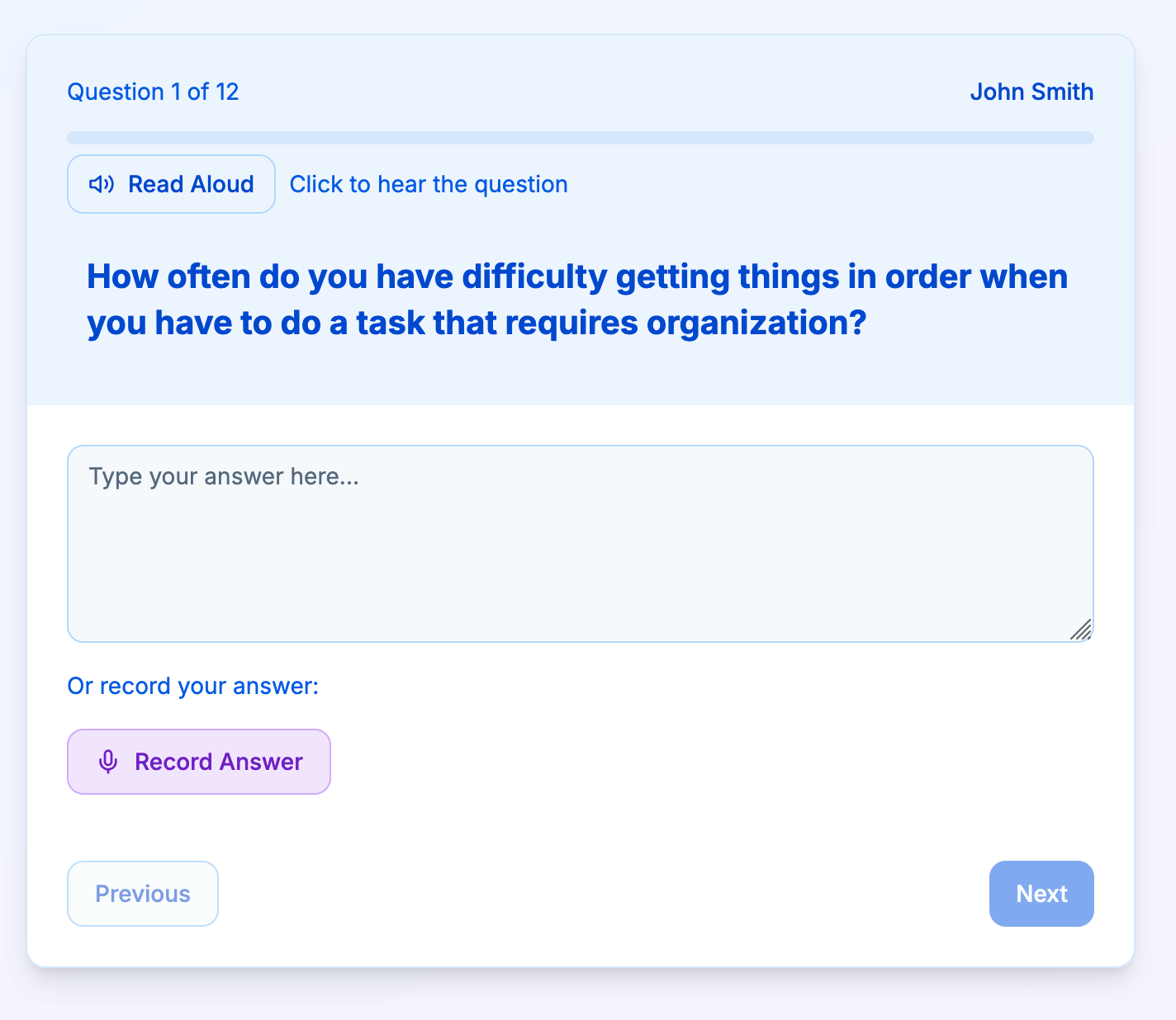 Patient Assessment Interface showing question with read-aloud and voice recording options