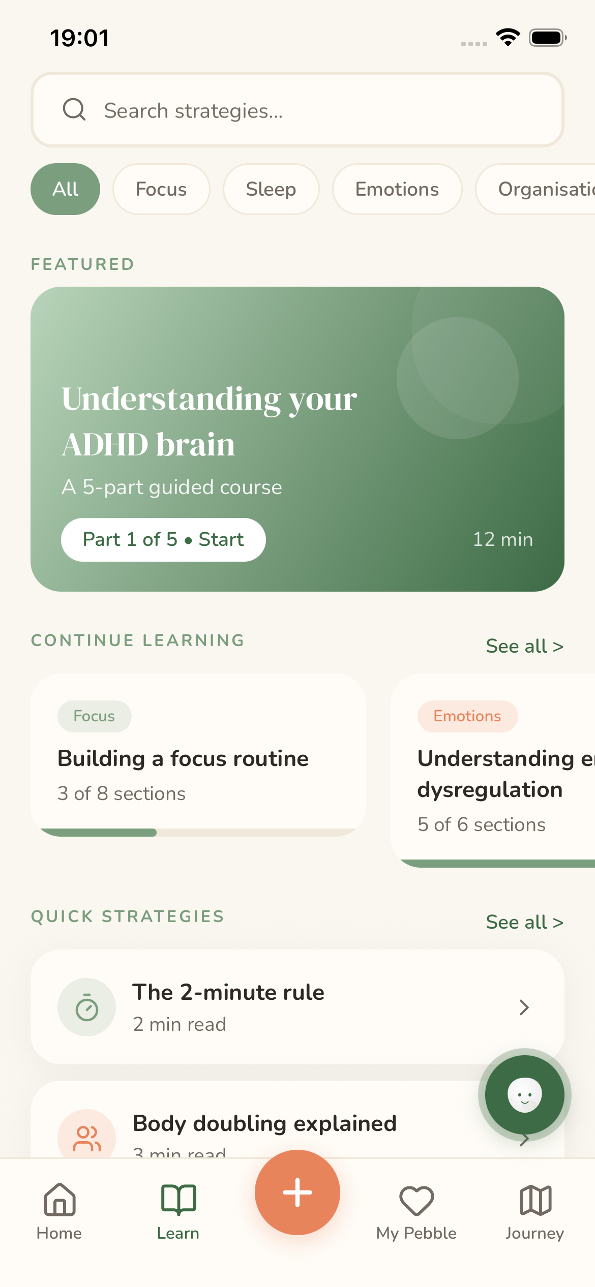 Pebble app home screen showing learning content and strategies